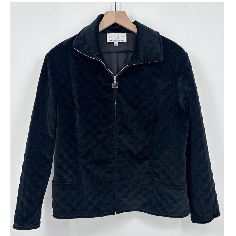 St. John Sport Vintage Black Velvet Quilted Jacket XL Minimalist Y2K Luxe Chic
